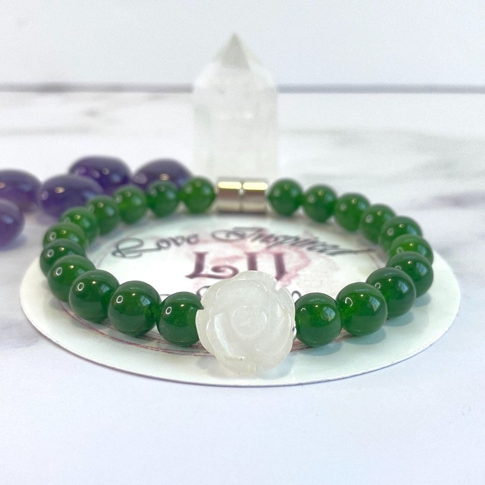 Natural Winter Green Jade Bracelet for Women, Jade Bracelet with White Jade Rose